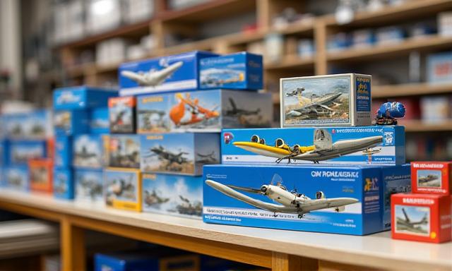 Collection of diverse model airplane kits on shelves